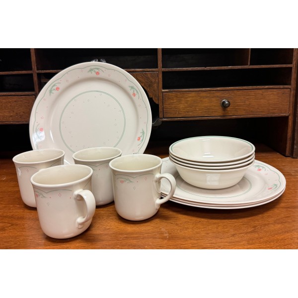FOUR PLACE SETTINGS Vintage Corelle Corning Ware "Calico Rose": (4) Mugs, (4) Cereal Bowls, (4) Dinner Plates