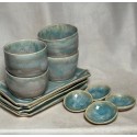 Four Sushi Plates, Rice Cups, Soy Dishes | Handmade, Ceramic | Turquoise Blue Glaze | Japanese | Dining, Sashmi, Dinner Set, Special Gift,