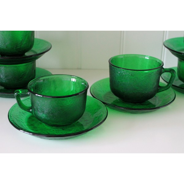 Arcoroc Sierra Emerald Green Cups & Saucers | PRICE PER SET | Vintage Frozen Tempered Glass French Coffee Tea Cups Set