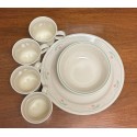 FOUR PLACE SETTINGS Vintage Corelle Corning Ware "Calico Rose": (4) Mugs, (4) Cereal Bowls, (4) Dinner Plates