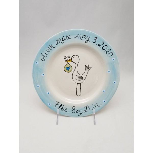 stork personalized baby plate / custom birth gift  / hand painted baby plate / baby animal plate / new baby gift / new mom new dad gift