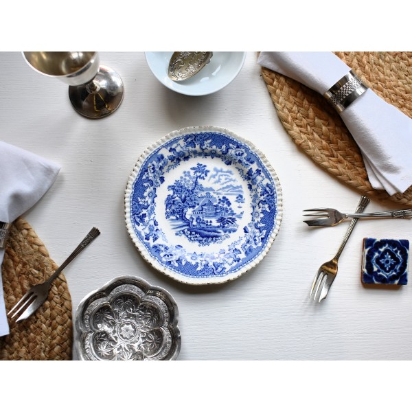 Vintage Blue and White Tableware. Antique Ceramic Plates, Cups & Saucers, Milk Jug and Gravy Boat in Blue/White Floral, Retro, Scenic Design