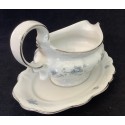 Johann Haviland BLUE GARLAND Gravy Boat And Under Plate ~Bavaria (Backstamp) Pretty Discontinued Petite Blue Rose Pattern With Platinum Trim