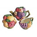 Ceramic Hand-made Set of Teapot, Creamer, Lidded Sugar Bowl with 3-D design of Fruits, Shabby Chic home decor, circa the 1970s, Gift idea