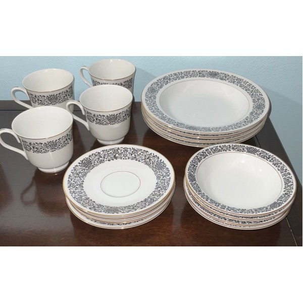 Vintage 16 Piece Set  “Four Crown” Japan Monte Carlo Pattern Chinaware
