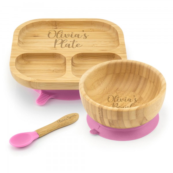 Personalised Bamboo Childrens Dining Set Spoon & Bowl - Custom Engraved Tiny Dining Set 1st Birthday 1st Christmas Weaning Set