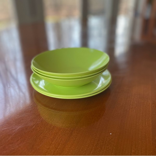Vintage Melamine Dishes, 2 Small Bowls with 3 Small Plates, Lime Green Dishes - Egg not included!
