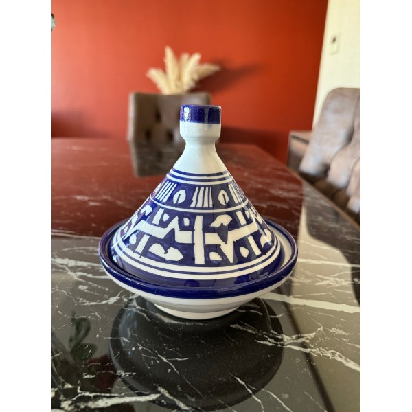 Moroccan dinner service in Fes porcelain: tureen, 4 bowls, 4 plates, 1 tagine, 1 gift glass. Handmade 100% organic