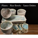 Four Sushi Plates, Rice Cups, Soy Dishes | Handmade, Ceramic | Turquoise Blue Glaze | Japanese | Dining, Sashmi, Dinner Set, Special Gift,