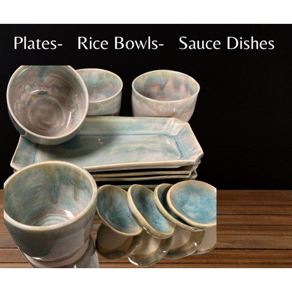 Four Sushi Plates, Rice Cups, Soy Dishes | Handmade, Ceramic | Turquoise Blue Glaze | Japanese | Dining, Sashmi, Dinner Set, Special Gift,