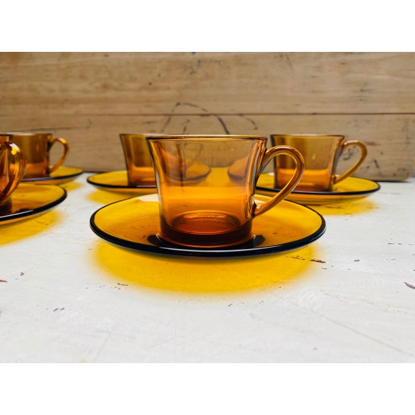 Set of 5 Duralex Amber Glass Espresso Cups with Saucer