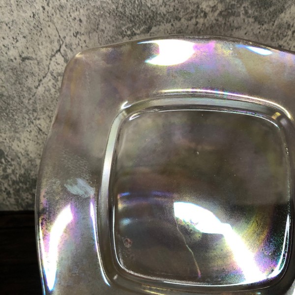 Vintage Set of 8, Clear Rainbow Iridescent Opalescent Lusterware Freeform Square Colorful Glowing Thick Heavy Glass Salad Plates