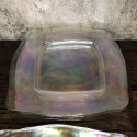 Vintage Set of 8, Clear Rainbow Iridescent Opalescent Lusterware Freeform Square Colorful Glowing Thick Heavy Glass Dinner Plates