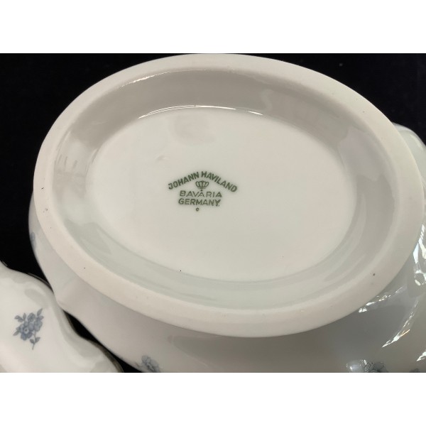 Johann Haviland BLUE GARLAND Gravy Boat And Under Plate ~Bavaria (Backstamp) Pretty Discontinued Petite Blue Rose Pattern With Platinum Trim