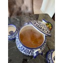 Moroccan dinner service in Fes porcelain: tureen, 4 bowls, 4 plates, 1 tagine, 1 gift glass. Handmade 100% organic