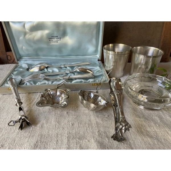 French vintage small cup in silver sterling and crystal, handmade, Minerva stamp