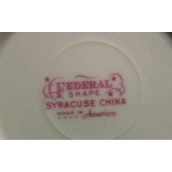 Federal Shape Syracuse China. Pattern: Suzanne. 6 Piece Place settings and individual pieces.