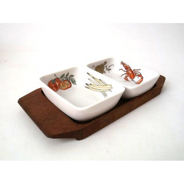 Vintage 60s dishes with vegetables and seafood drawings, German porcelain mid century soup plate, meat plate bowl fireproof dinnerware
Seller details