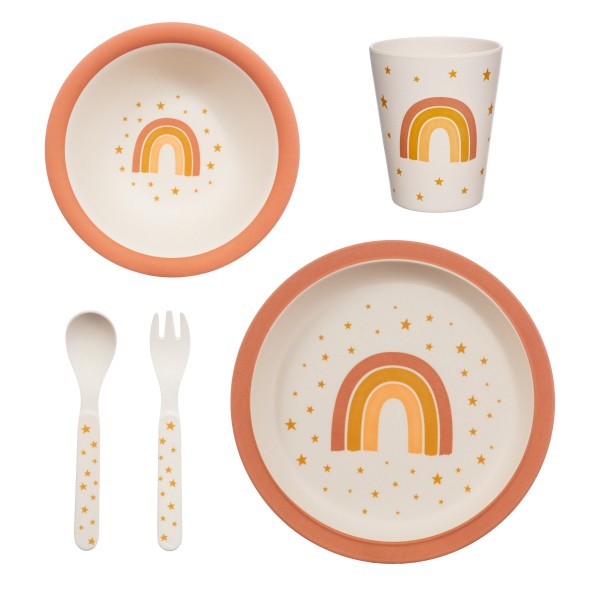 Earth Rainbow Bamboo Tableware Set - Pink Orange Rainbow Stars - Children's Kid's Plate Bowl Cutlery Eco Sustainable 1st Birthday Gift